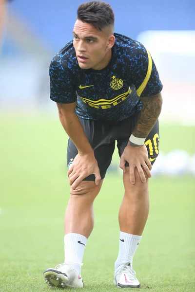 Roma, İtalya - 04 / 10 / 2020: Lautaro Martinez (İnter) İtalya Serisi 20 / 21 futbol karşılaşması öncesinde SS Lazio ile FC Inter arasında Roma Olimpiyat Stadyumu 'nda oynanan karşılaşma