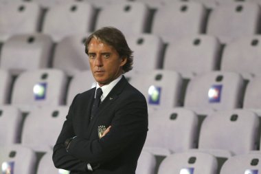 Florence 07 / 10 / 2020: R.Mancini (ITALY) İtalya 'nın Floransa' daki Artemio Franchi stadyumunda Moldova ile oynadığı dostluk maçı öncesinde İtalya takım çalışması sırasında.