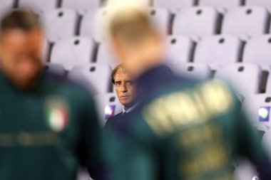 Florence 07 / 10 / 2020: R.Mancini (ITALY) İtalya 'nın Floransa' daki Artemio Franchi stadyumunda Moldova ile oynadığı dostluk maçı öncesinde İtalya takım çalışması sırasında.