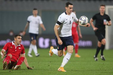 Florence 07 / 10 / 2020: Armas (Moldova), KEVIN LASAGNA (ITALY) Floransa 'daki Artemio Franchi stadyumunda İtalya ile Moldova arasında oynanan dostluk maçı sırasında.
