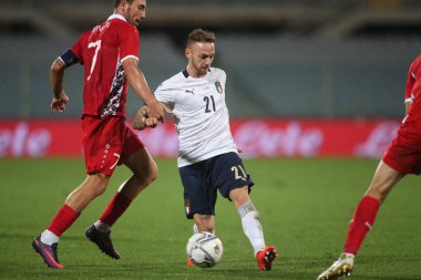 Florence 07 / 10 / 2020: Manuel Lazzari (İtalya) Floransa 'daki Artemio Franchi stadyumunda İtalya ile Moldova arasında oynanan dostluk karşılaşmasında eylem halindeydi.