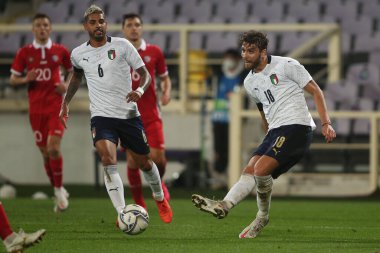 Florence 07 / 10 / 2020: EMERSON (ITALY), MANUEL LOCATELLI (ITALY) İtalya ile Moldova arasında Floransa 'daki Artemio Franchi stadyumunda oynanan dostluk karşılaşmasında.