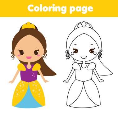 Çocuk eğitim oyunu. Şirin Prenses boyama sayfası. Küçük bebekler ve çocuklar için yazdırılabilir etkinliği