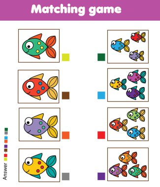 Eşleme oyunu. Balık ile eğitim çocuk etkinliği. Tüm öğrenme ve parçalar öncesi shool yıl çocuklar ve küçük bebekler için yazın