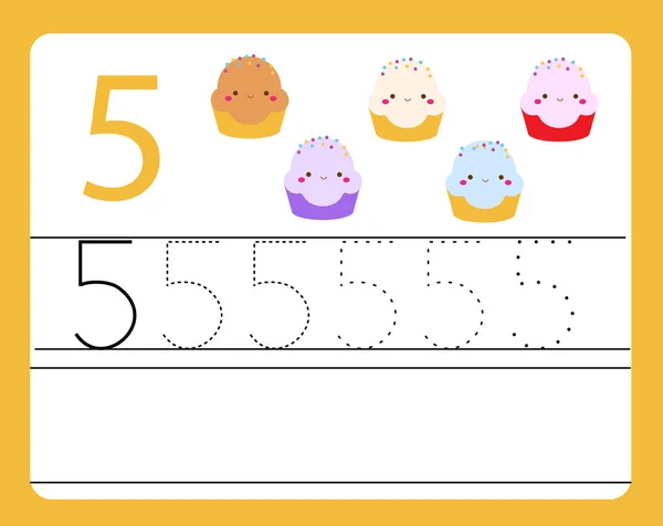Praktyce Pisma Ręcznego Uczenie Się Numery Cute Znaków Numer Pięć — Wektor stockowy