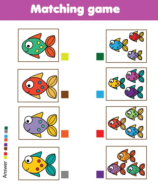 Jogo Correspondência Atividades Educativas Das Crianças Com Peixes Aprender Todo — Vetor de Stock