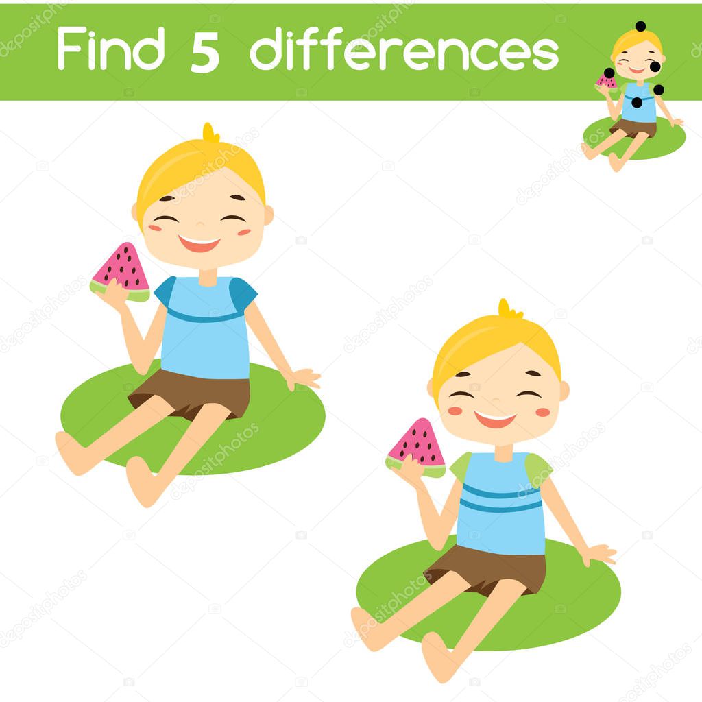 Find the differences educational children game with answer. Kids activity sheet with summer boy eating watermelon