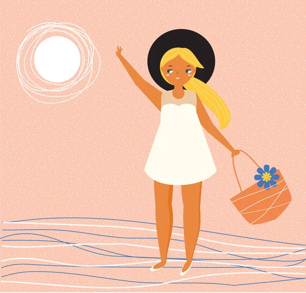 Fille Robe Blanche Été Avec Sac Plage Illustration Estivale Minimale — Image vectorielle