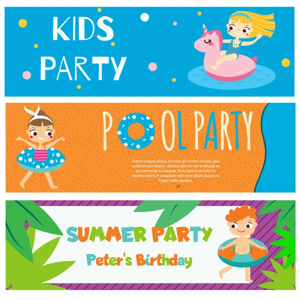 Banderas Para Fiestas Verano Para Niños Entradas Invitaciones Anuncios Con — Archivo Imágenes Vectoriales