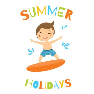 Çocuk üzerinde sörf tahtası. Yaz tatil plaj spor aktivitesi olan çocuk