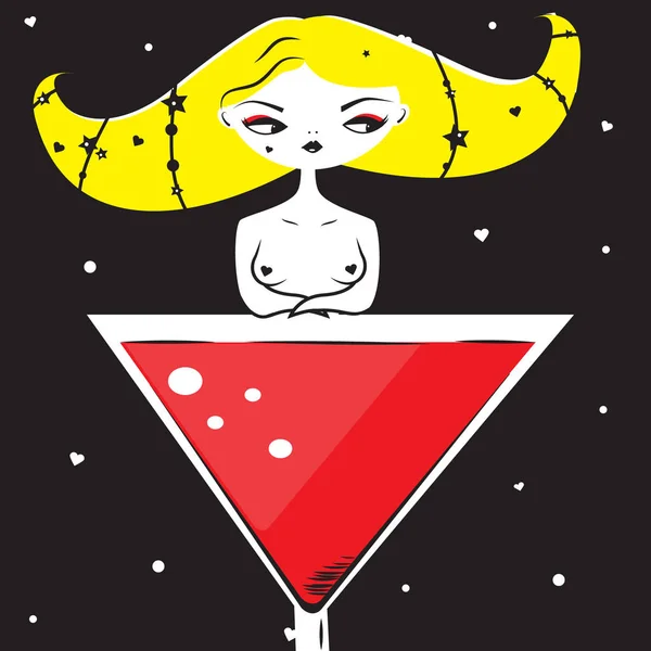 Fantasy Kvinna Sitter Martini Cocktailglas Konstnärliga Illustration — Stock vektor