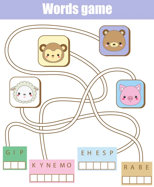 Lernspiel Für Kinder Wortlabyrinth Aktivität Wortschatz Tiere Thema Für Kleinkinder — Stockvektor