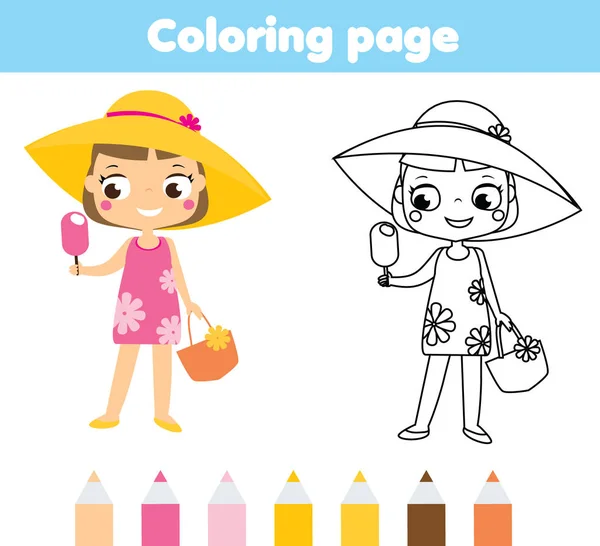 Página Para Colorear Vacaciones Verano Para Niños Chica Dibujos Animados — Vector de stock