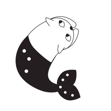 Kedi ile mermaid kuyruk. Purmaid. Siyah ve beyaz illüstrasyon çıkartmaları ve dövme için