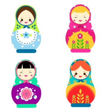 Şirin matryoshka. Geleneksel Rus iç içe bebek. Gülümseyen Matreshkas simgeleri.