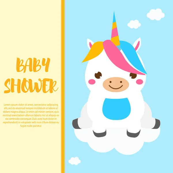 Design Vorlage Für Babyduschkarten Mit Niedlichem Einhorn Das Auf Wolken — Stockvektor