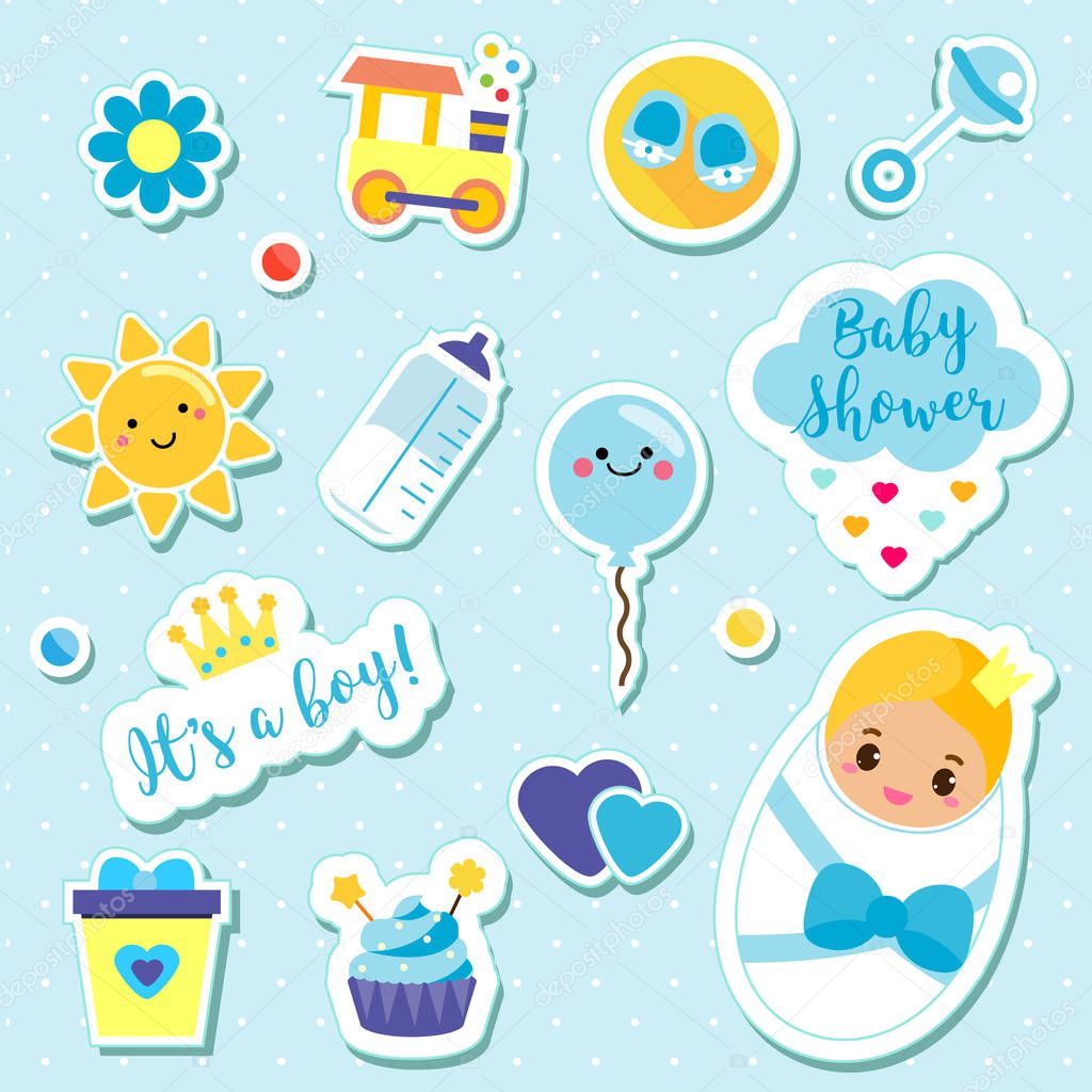It's a boy stickers set in blue colors. Kids, children design elements for scrapbook. Decorative vector icons with newborn symbols for baby shower and other nursery design