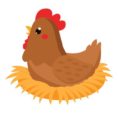 Sevimli tavuk yuva üzerinde oturuyor. Beyaz izole karikatür çiftlik kuş.