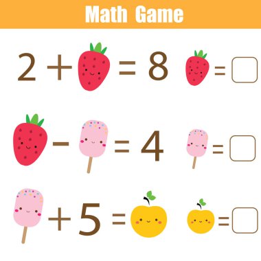 Çocuklar için matematik eğitici bir oyun. Tam denklemler. Çıkarma ve ek çalışma. Çocuklar için matematik çalışma