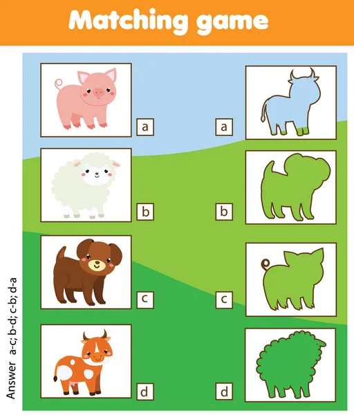 シルエットの子供教育的なゲームをマッチングします 影の農場の動物に一致します 前学校年子供や幼児のための活動 — ストックベクタ