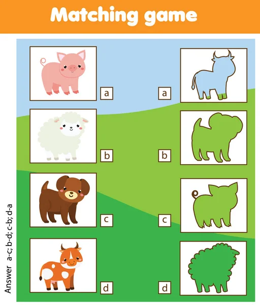 Silueta Juego Educativo Para Niños Juego Combina Animales Granja Con — Archivo Imágenes Vectoriales