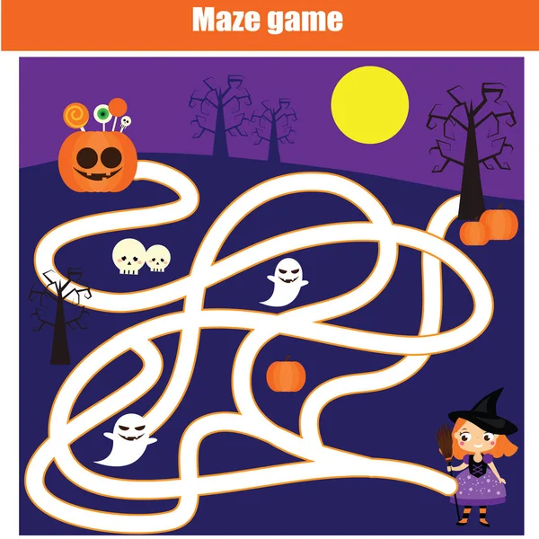 Maze Game Children Halloween Theme Kids Activity Sheet — Stock Vector