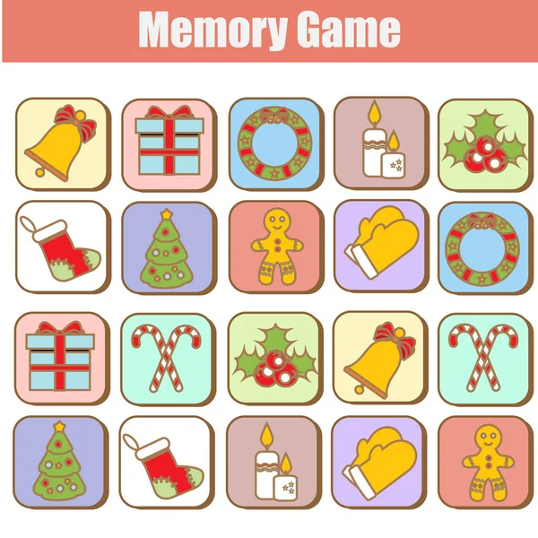 記憶ゲーム クリスマス 新年の冬の休日のテーマ 同じオブジェクトのペアを見つけます 教育子供のゲーム 子供たちの活動 — ストックベクタ