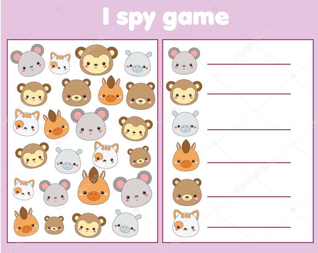 I spy game for toddlers. Find and count objects. Counting educational activity for children and kids. Cute animals faces