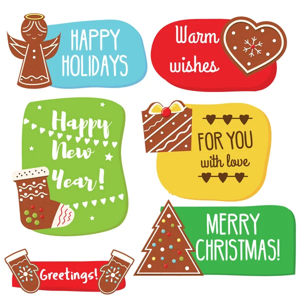 Etiquetas Felicitación Navidad Año Nuevo Con Galletas Jengibre Tradicional Temporada — Vector de stock