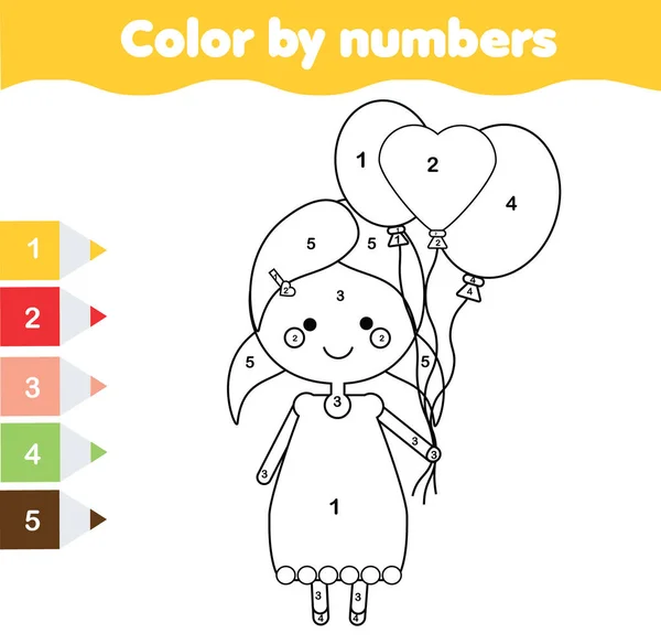 Children Educational Game Coloring Page Girl Holding Balloons Color Numbers — Stock Vector