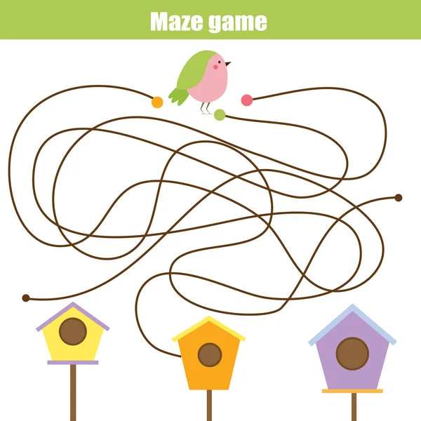 Maze Children Game Help Bird Labyrinth Find Birdhouse Kids Activity — Stock Vector