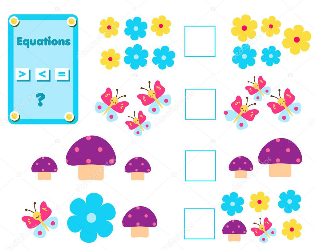 Mathematics educational game for children. Learning counting and algebra kids activity. Complete the mathematical equation task, choose more, less or equal