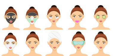 Cilt bakım rutini. Kadın yüz maskesi yapma, göz bandı, dudak yama ve diğer güzellik yüz ve saç tedavisi