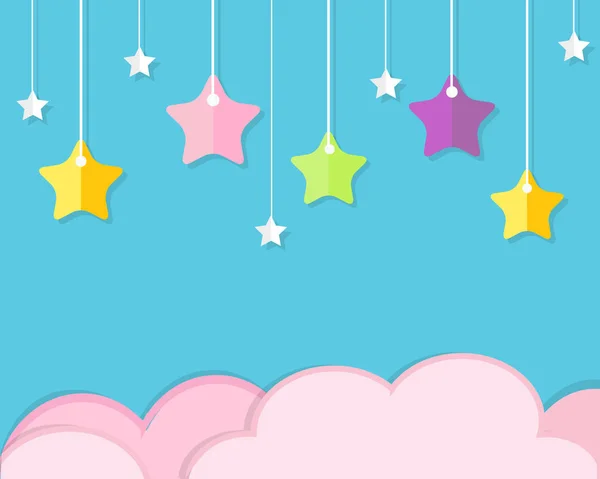 Небо Фоне Розовых Облаков Разноцветных Висячих Звезд Фон Порезке Бумаги — стоковый вектор