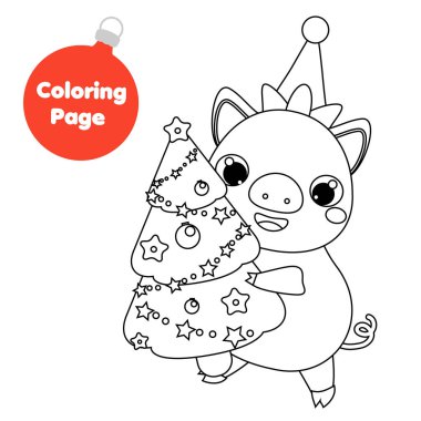 Boyama sayfası. Noel Ladin ağacı holding yeni yıl domuz. Eğitim çocuk oyunu. Çocuklar, yeni yürümeye başlayan çocuklar için yazdırılabilir aktivite çizim