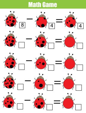 Çocuklar için matematik eğitici bir oyun. Tam denklemler. Çıkarma çalışma. Çocuklar için matematik çalışma