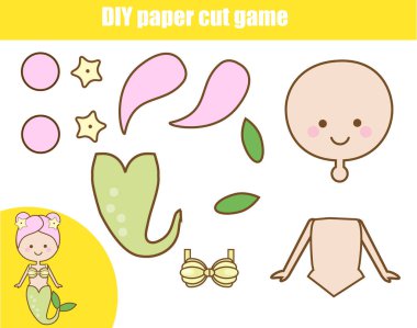 DIY çocuk eğitim yaratıcı eğitim oyunu. Kağıt kesme etkinliği. Tutkal ve makas ile sevimli denizkızı yapmak