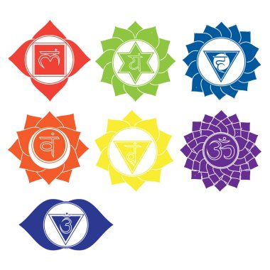 Yedi çakralar simgeler. Kundalini yoga sembolleri. Vektör set