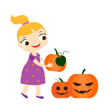 Küçük kız halloween pumpkins tutarak. Cadılar Bayramı çocuk serisi