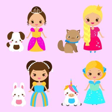 Sevimli evcil hayvan sevimli prenseslerle. Kız ve köpek, kedi, tavşan, tek boynuzlu at. Vektör çizim kawaii tarzı