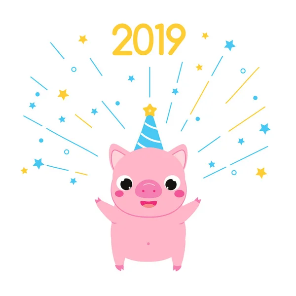 Cartoon Pig Simbolo Del 2019 Chinse Nuovo Anno Con Fuochi — Vettoriale Stock