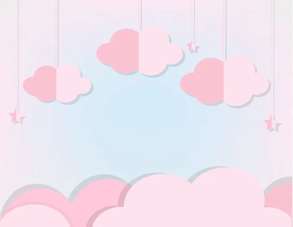 Roze Wolken Sterren Aan Zachte Blauwe Hemel Achtergrond Papier Gesneden — Stockvector