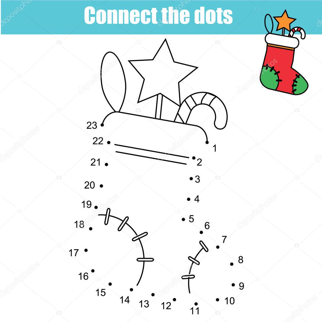 Christmas sock connect the dots game. Dot to dot by numbers educational game for kids. New year theme printable activity for toddlers.