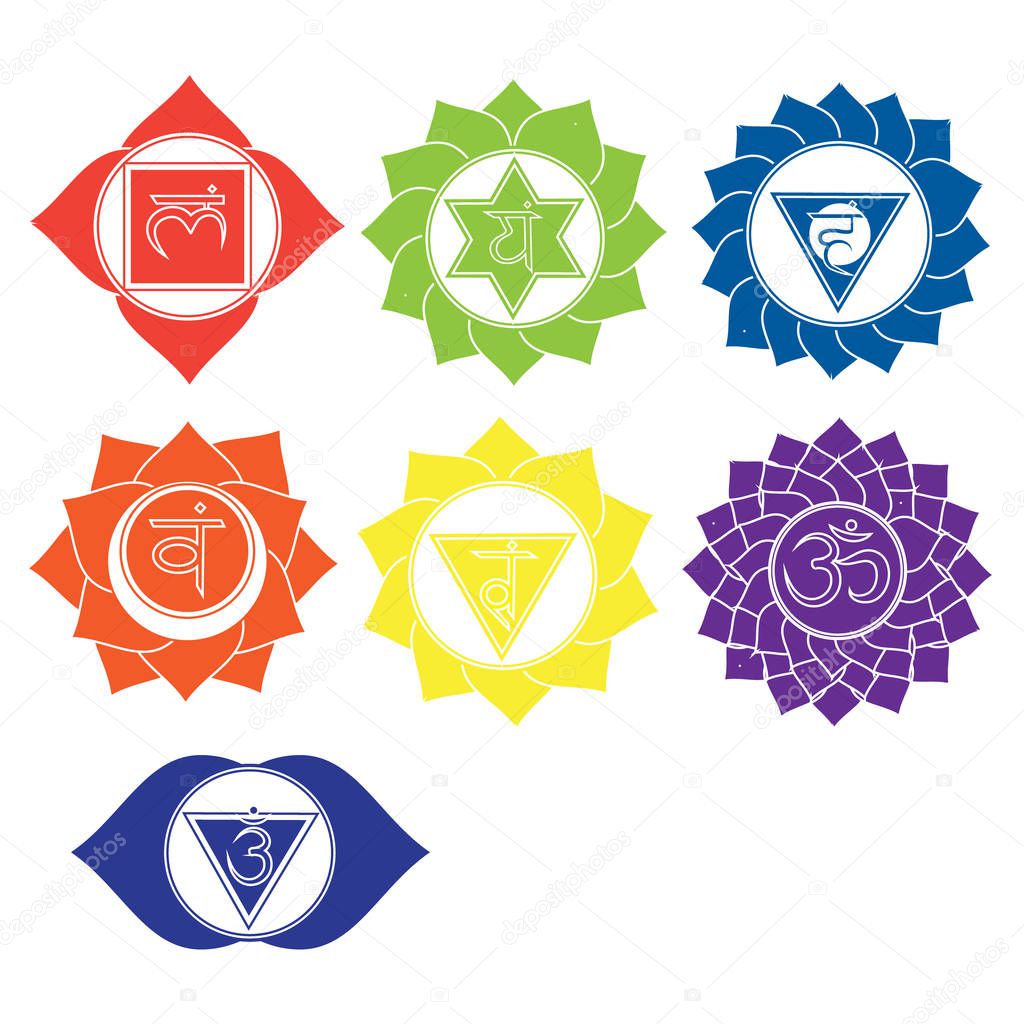 Seven chakras icons. Kundalini yoga symbols. Vector set