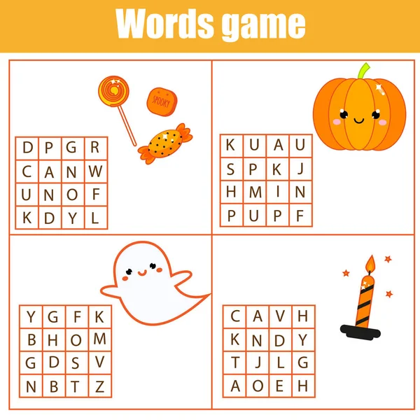 Lernspiel Für Kinder Wortsuche Rätsel Kinder Aktivität Halloween Thema Vokabeln — Stockvektor