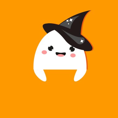 Cadılar Bayramı partisi banner ile cadı şapkalı sevimli hayalet. Metniniz için boş alan ile tasarım şablonu