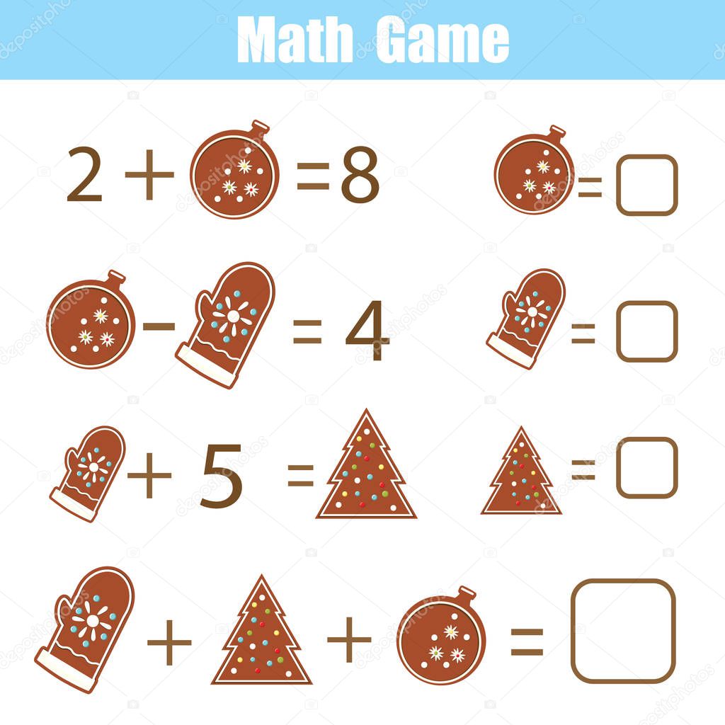 Math educational game for children. Solve equations. Study subtraction and addition. Mathematics worksheet for kids New Year and Christmas theme