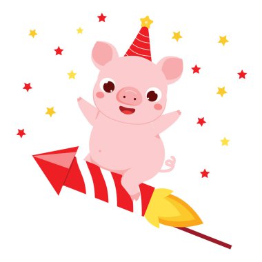 Çizgi film domuz, Çin 2019 yeni yıl havai fişek roket üzerinde uçan sembolüdür. vektör çizim takvimler, davetiyeler ve tebrik kartları için