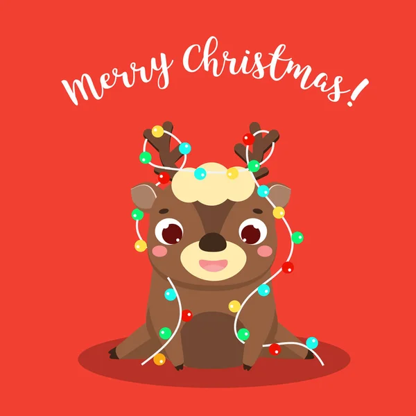 クリスマス鹿 新年ライト ガーランドと季節の挨拶本文メリー クリスマス トナカイを漫画します カレンダー 招待状や冬の休日のイラスト デザインします — ストックベクタ