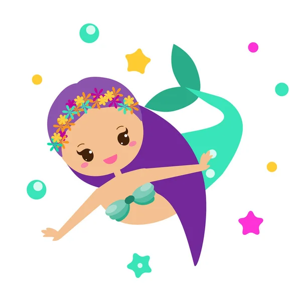 Bella Sirena Personaggio Dei Cartoni Animati Stile Kawaii Fata Principessa — Vettoriale Stock